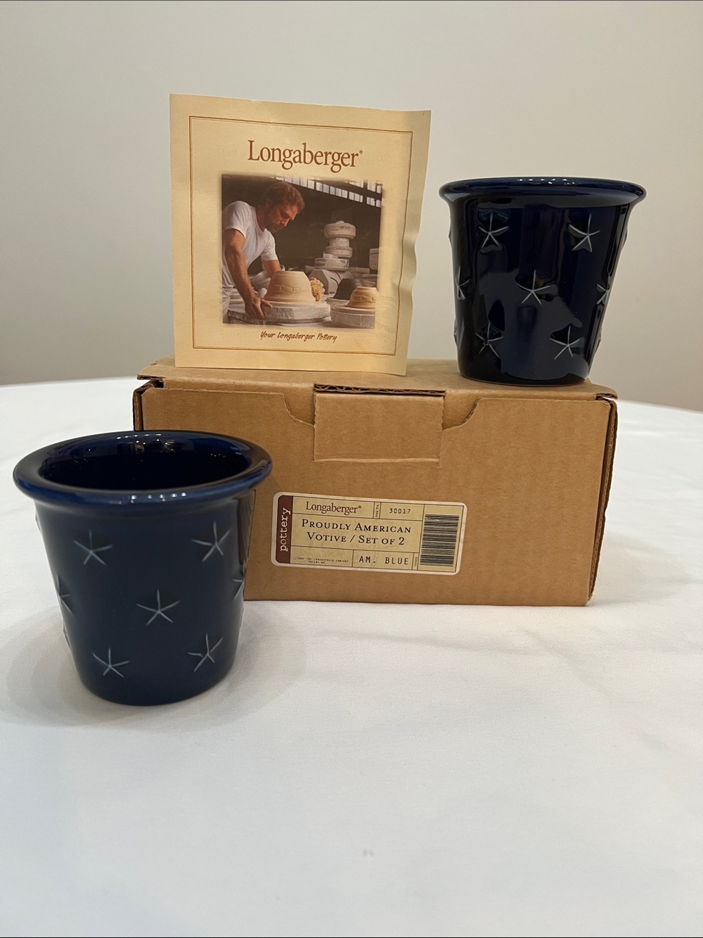 Longaberger Proudly American Set of 2 Navy Star Ceramic Votive NEW Vintage